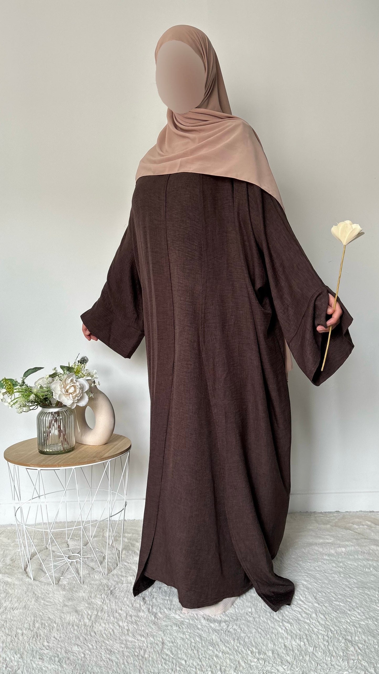 Abaya 2 pièces effet lin - Chocolat
